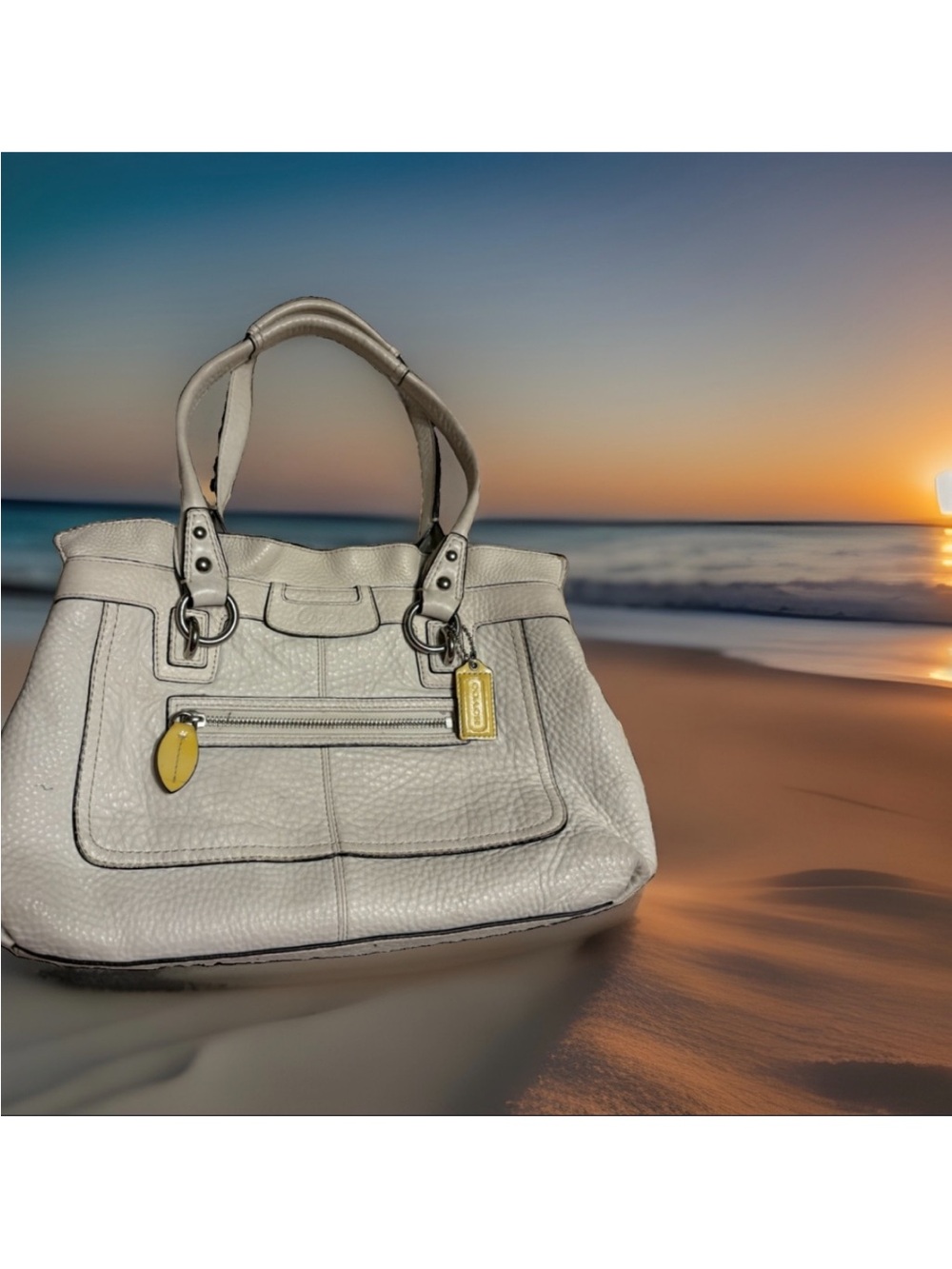 Textured Cream Shoulder Satchel with Yellow Accent
